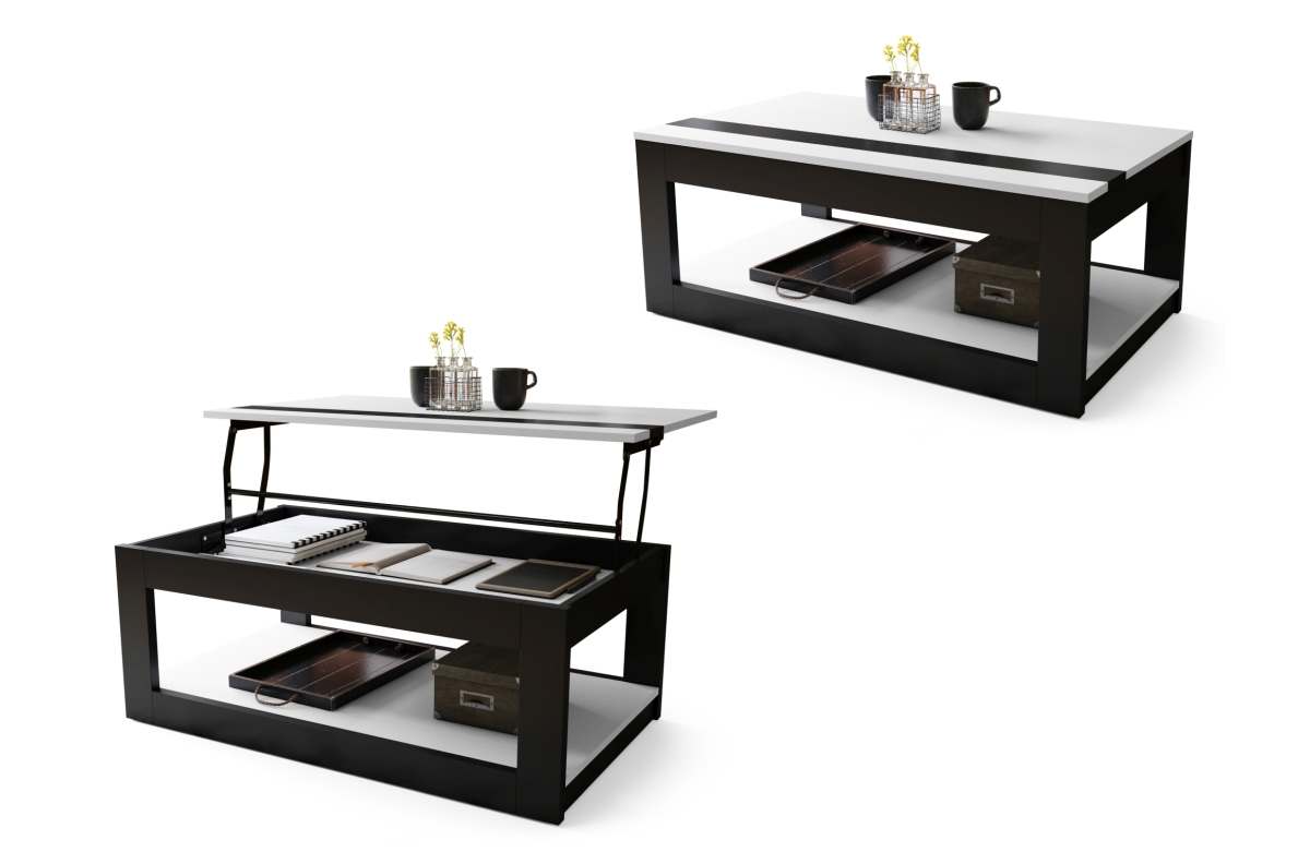 LUSSO matinė balta/matinė juoda - MODERNUS KAVOS STALIUKAS SU PAKELIAMU STALVIRŠIU + SANDĖLIAVIMO skyriumi + LENTYNA (ANT RATUKŲ!)