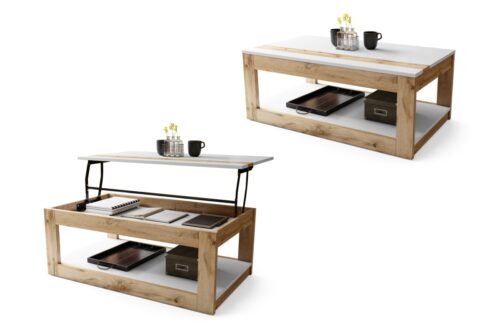 LUSSO matinė balta/Wotan ąžuolas – MODERNUS KAVOS STALIUKAS SU PAKELIAMU STALVIRŠIU + SANDĖLIAVIMO skyriumi + LENTYNA (ANT RATUKŲ!)