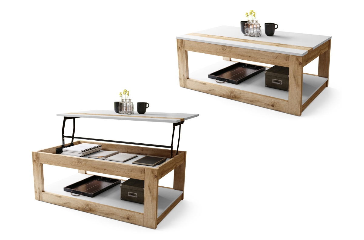 LUSSO matinė balta/Wotan ąžuolas - MODERNUS KAVOS STALIUKAS SU PAKELIAMU STALVIRŠIU + SANDĖLIAVIMO skyriumi + LENTYNA (ANT RATUKŲ!)