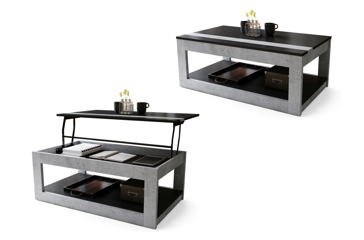 LUSSO matinė juoda / tūkstantmečio betono spalvos - MODERNUS kavos staliukas su pakeliamu stalviršiu + daiktadėže + lentyna (ant ratukų!)