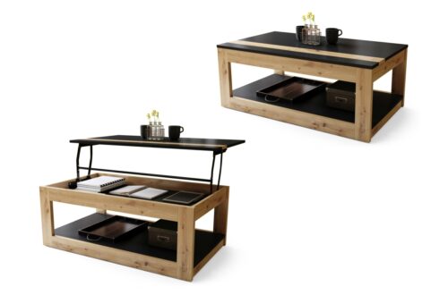 LUSSO matinės juodos/artisan ąžuolo spalvos – MODERNUS KAVOS STALIUKAS SU PAKELIAMU STALVIRŠIU + SANDĖLIAVIMO skyriumi + LENTYNA (ANT RATUKŲ!)