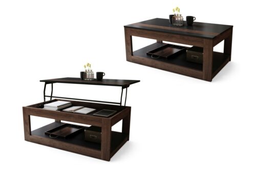 LUSSO matinės juodos/rudos ąžuolo spalvos – MODERNUS KAVOS STALIUKAS SU PAKELIAMU STALVIRŠIU + SANDĖLIAVIMO skyriumi + LENTYNA (ANT RATUKŲ!)