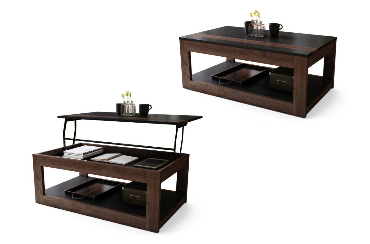 LUSSO matinės juodos/rudos ąžuolo spalvos - MODERNUS KAVOS STALIUKAS SU PAKELIAMU STALVIRŠIU + SANDĖLIAVIMO skyriumi + LENTYNA (ANT RATUKŲ!)