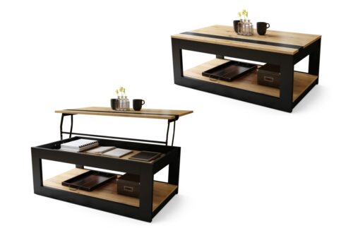 LUSSO Artisan Oak/Matinė Juoda – MODERNUS KAVOS STALIUKAS SU PAKELIAMU STALVIRŠIU + SANDĖLIAVIMO skyriumi + LENTYNA (ANT RATUKŲ!)