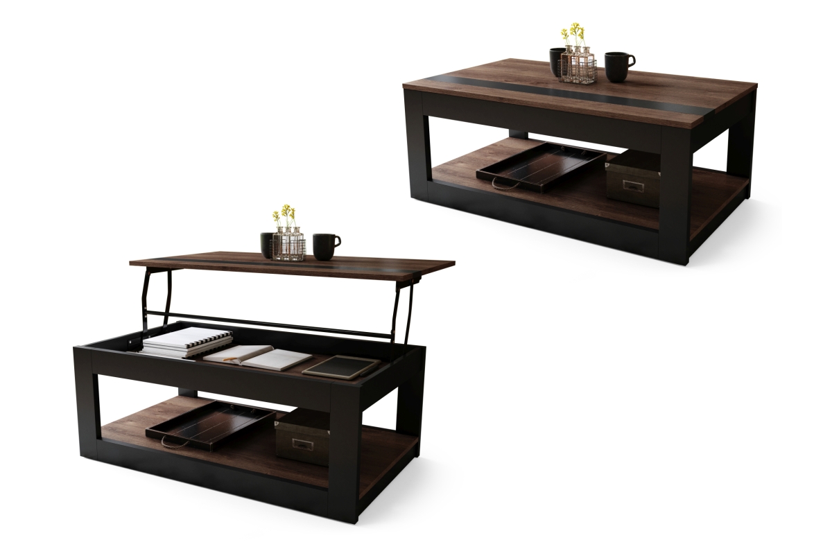 LUSSO Rudo ąžuolo/Matinės juodos spalvos - MODERNUS KAVOS STALIUKAS SU PAKELIAMU STALVIRŠIU + SANDĖLIAVIMO KIEKIU + LENTYNA (ANT RATUKŲ!)