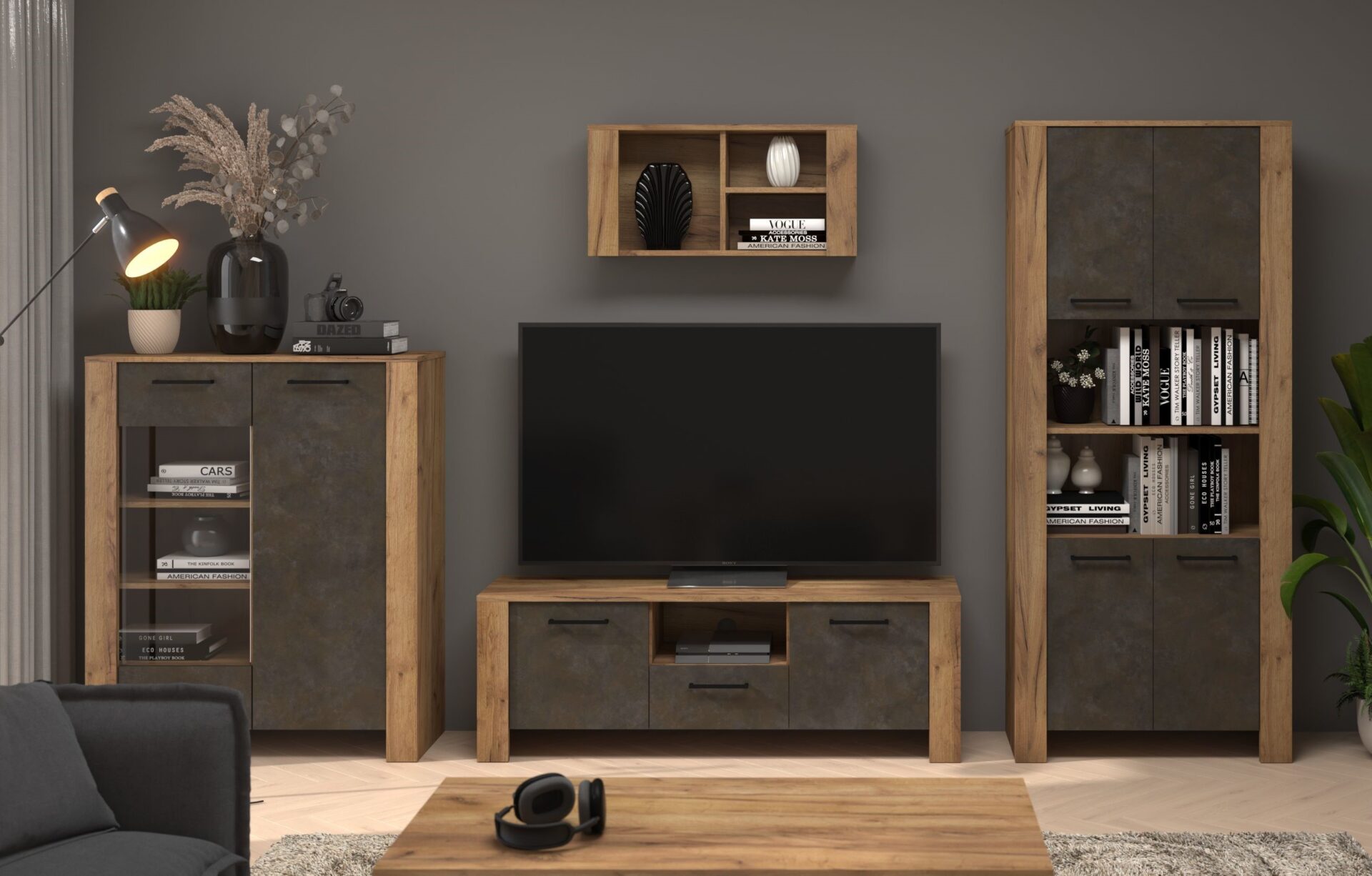 DELIS baldai #1 vitrininių spintelių komplektas, TV spintelė, lentyna, ąžuolas, rankdarbių reikmenys, aukso rudos spalvos, žaidimas