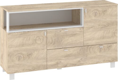 GAVES 03 baldai, didelė komoda su durelėmis svetainei, ąžuolo imitacija, balta