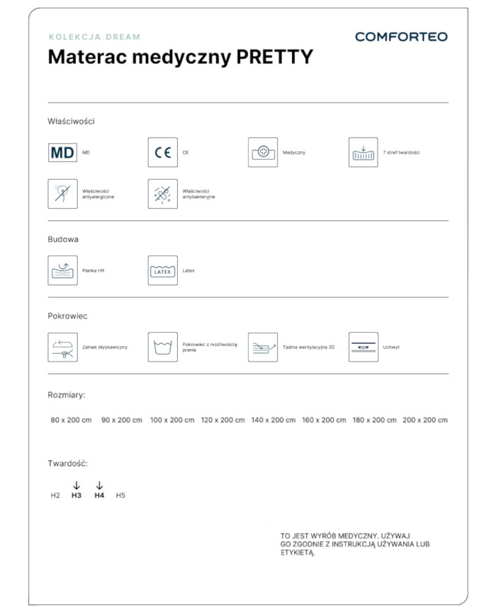 Pretty medicininis čiužinys, 180x200 cm, dvipusis, su daugiakišenėmis spyruoklėmis, HR putomis, lateksu, nuimamu užvalkalu, H3/H4, Comforteo - Paveikslėlis 7