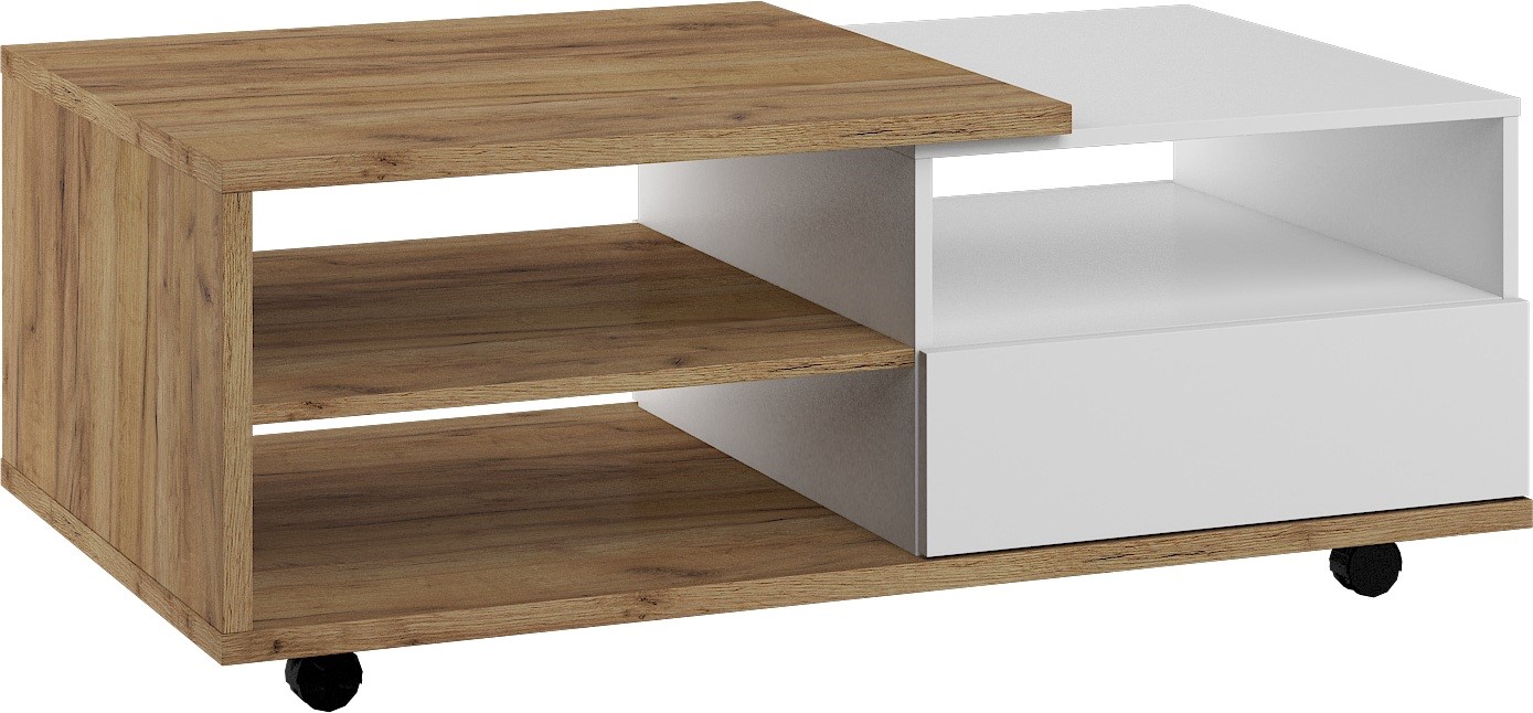 BRITA 12 baldų kavos staliukas su stalčiais, ąžuolo spalvos, aukso spalvos, baltas, blizgus