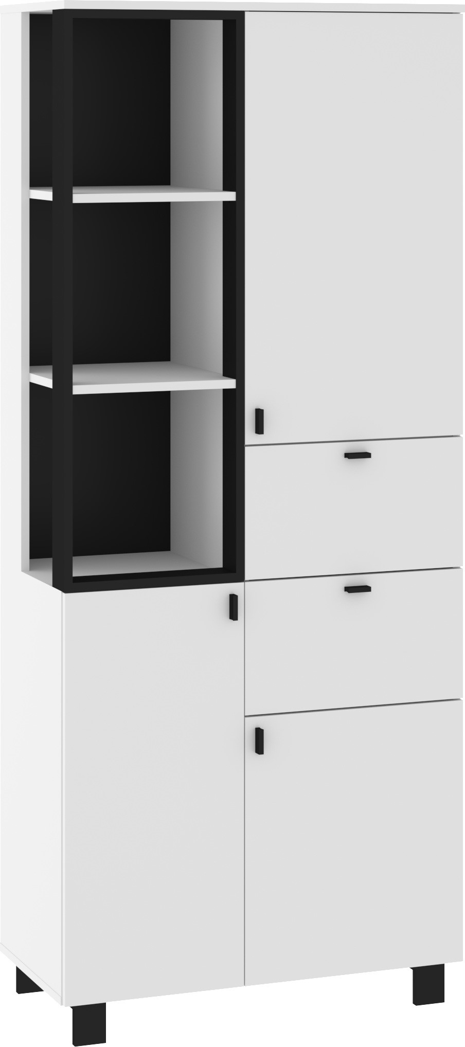 GAVES 10 baldų, aukšta lentynų spintelė su stalčiais, durelėmis, balta, juoda