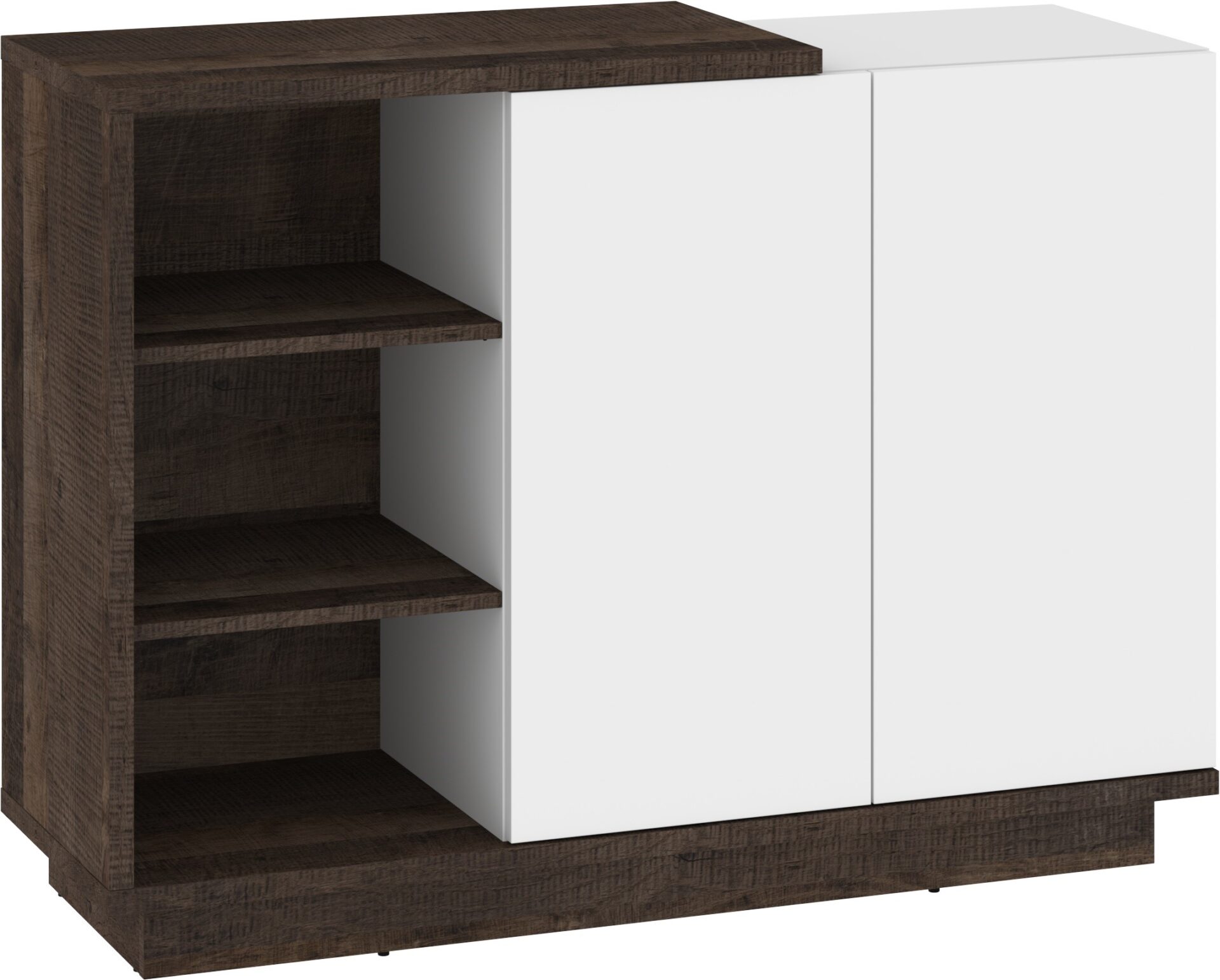 BRITA 05 baldai, komoda su durelėmis ir lentynomis, ąžuolo spalvos, balta blizgi spalva