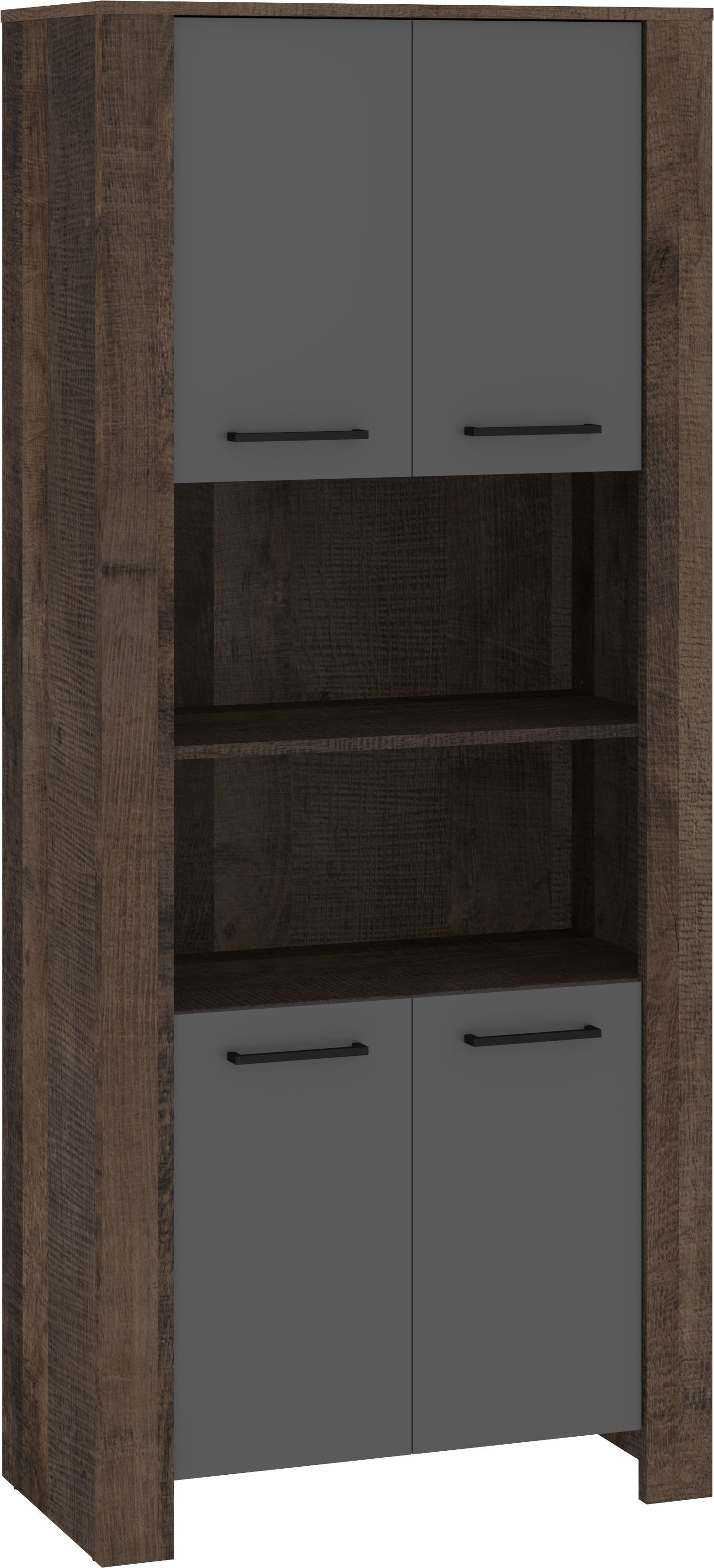 DELIS 09 baldai, aukšta knygų lentyna su durelėmis ir lentynomis, Grange ąžuolas, grafitas