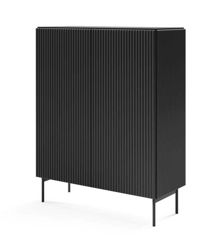 Aukšta Muti komoda su 2D grioveliais fasaduose, matinė juoda
