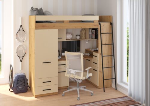 MYKS P mezzanine, be kilimėlio, ąžuolo dirbiniai/kreminė spalva