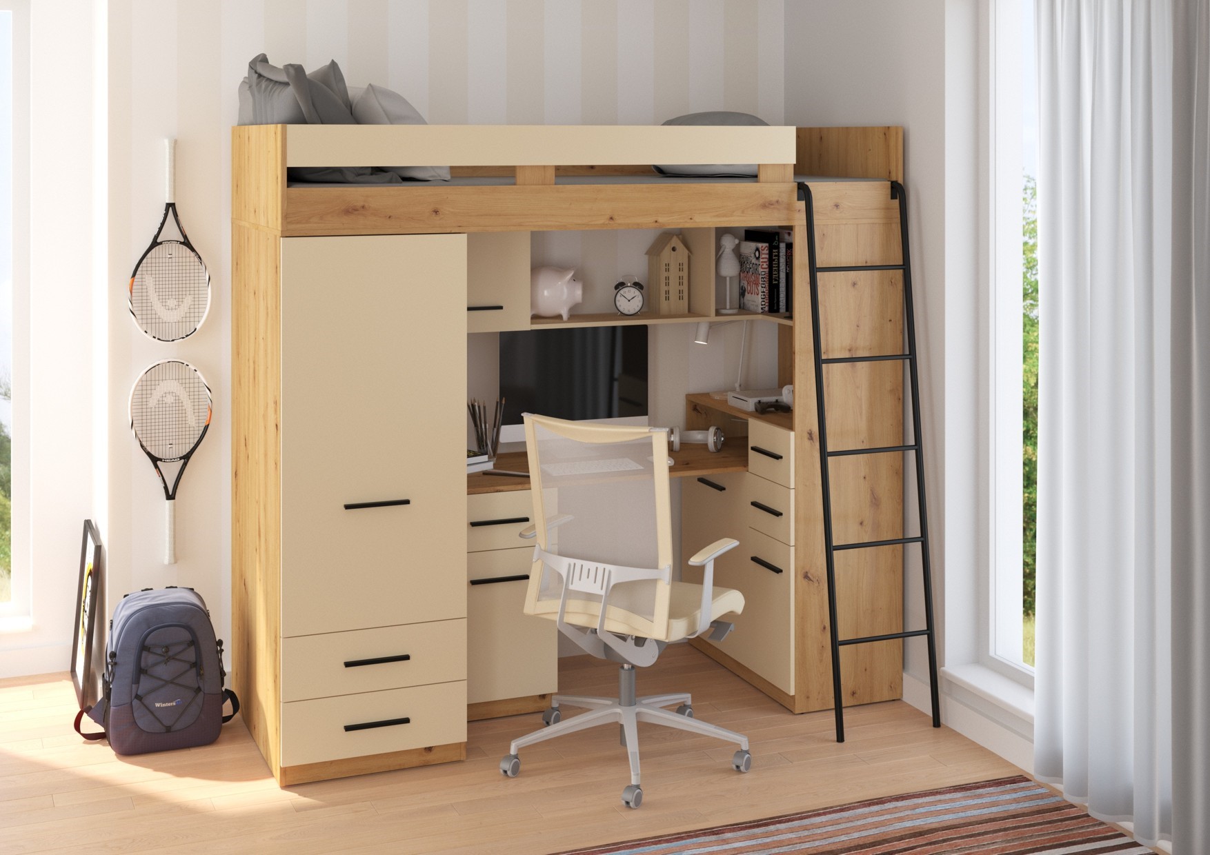 MYKS P mezzanine, be kilimėlio, ąžuolo dirbiniai/kreminė spalva