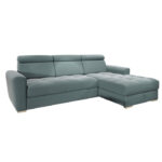 Riva atvira kampinė sofa, siauras pufas, miegojimo funkcija, konteineris, reguliuojamos galvos atramos Gr1