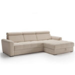 Riva atvira kampinė sofa su plačiu pufu, miegojimo funkcija, konteineriu, reguliuojamomis galvos atramomis