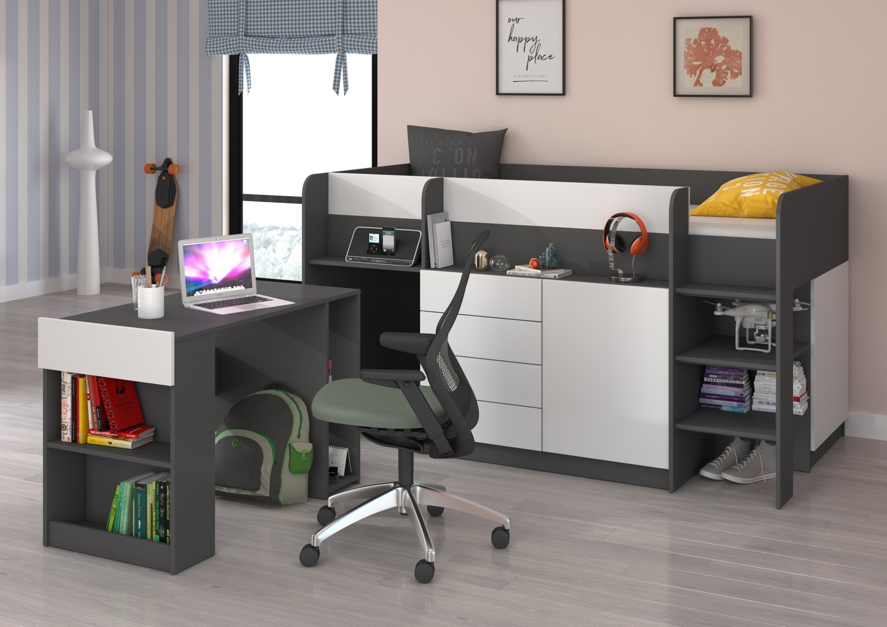 EMI P dviaukštė lova, rašomasis stalas, komoda, antresolė, grafito/balta