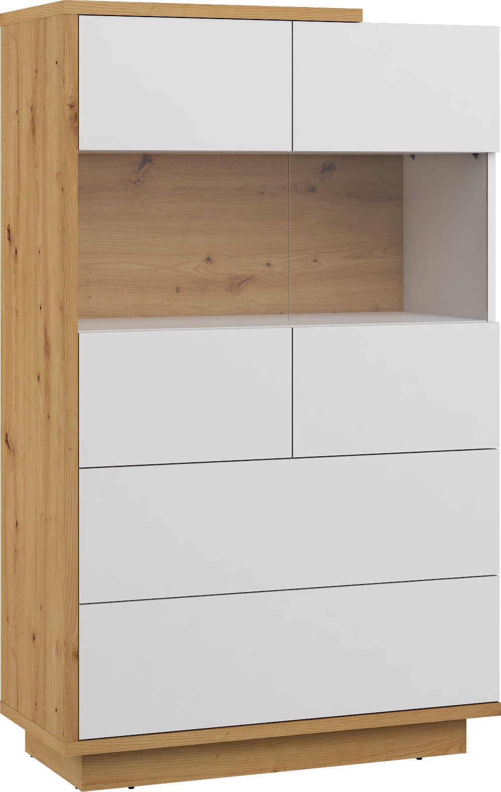 BRITA 28 žema vitrina su stalčiais svetainei, dirbtinio ąžuolo spalvos, balta apdaila