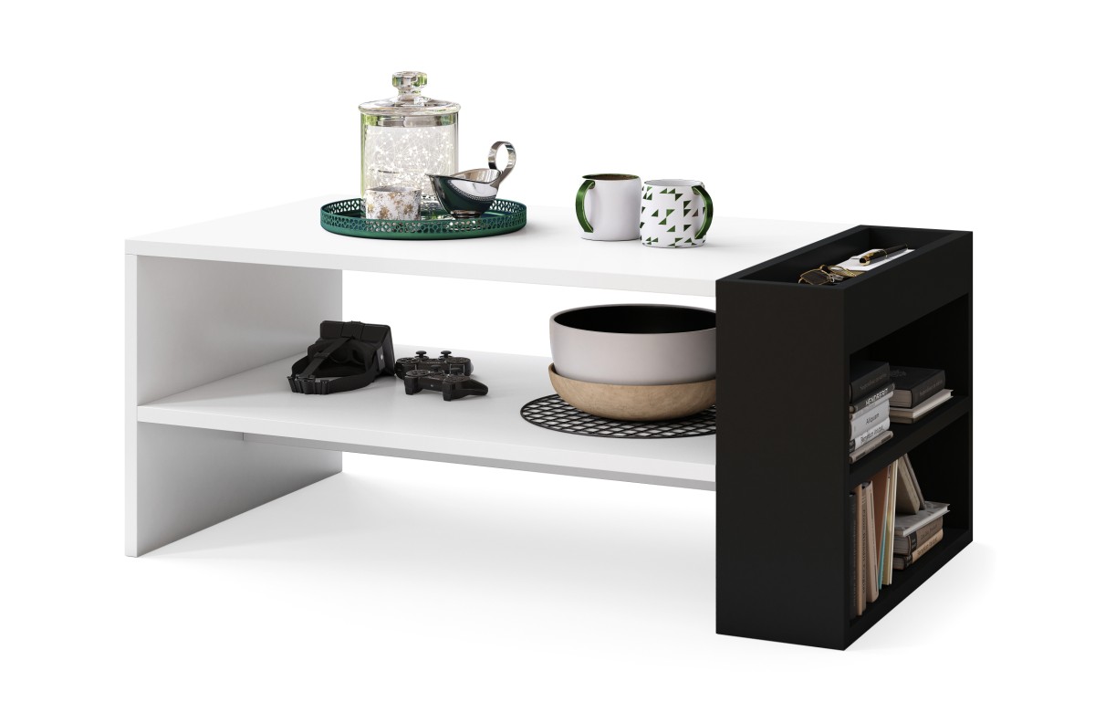 NEFRI matinė balta/matinė juoda - MODERNUS KAVOS STALIUKAS SU LENTYNA