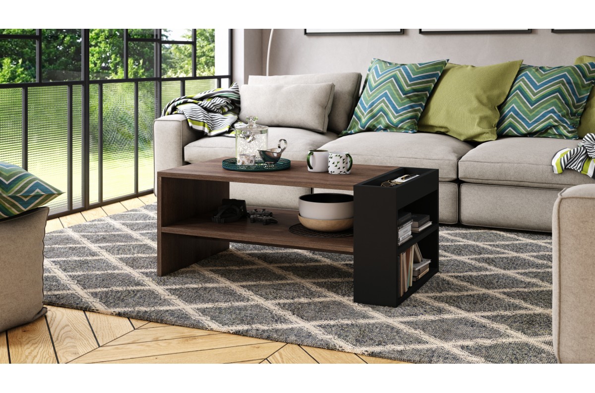 NEFRI rudas ąžuolas/matinė juoda - MODERNUS KAVOS STALIUKAS SU LENTYNA