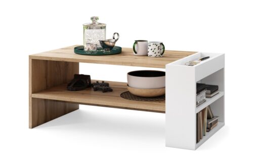 NEFRI Wotan ąžuolas/matinė balta – MODERNUS KAVOS STALIUKAS SU LENTYNA