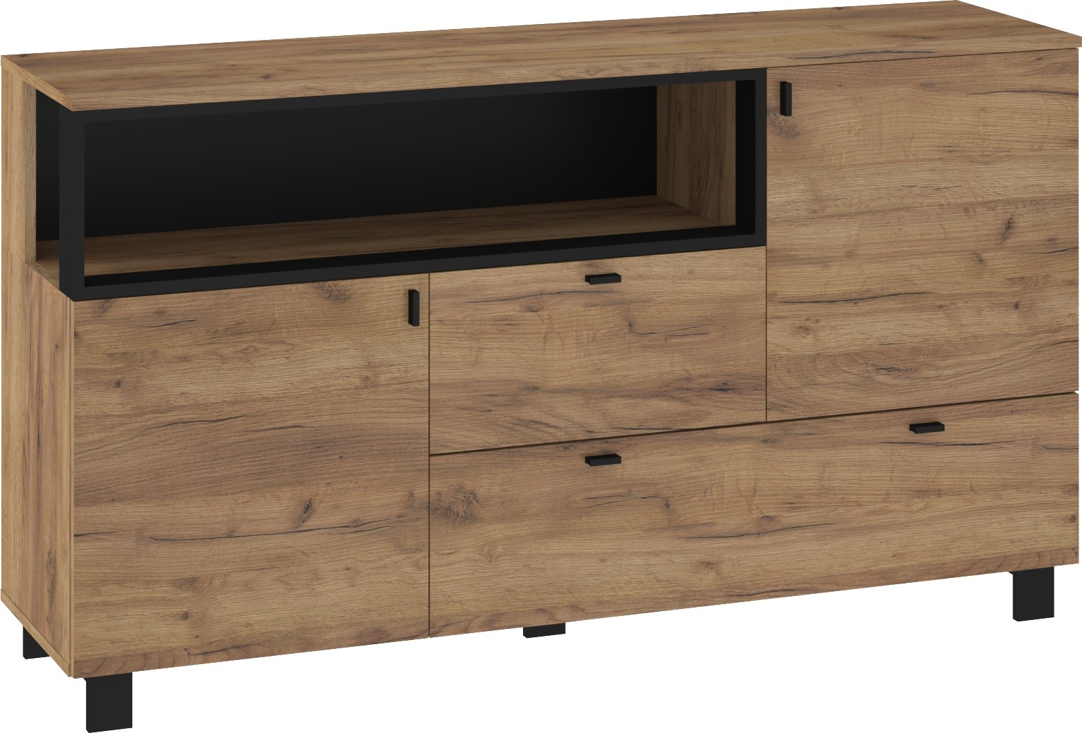 GAVES 03 baldai, didelė komoda su durelėmis svetainei, ąžuolas su juoda spalva