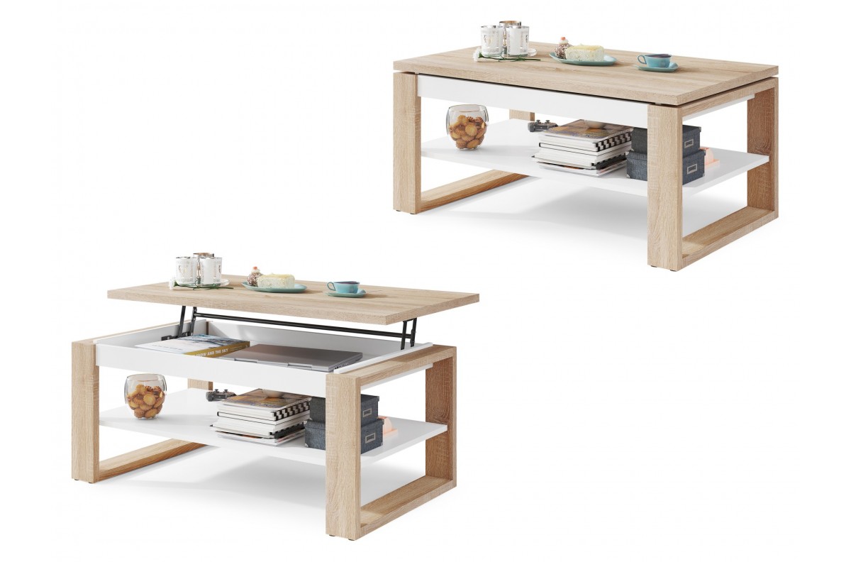 NUO Sonoma ąžuolas/matinė balta - MODERNUS KAVOS STALIUKAS SU PAKELIAMU STALVIRŠIU