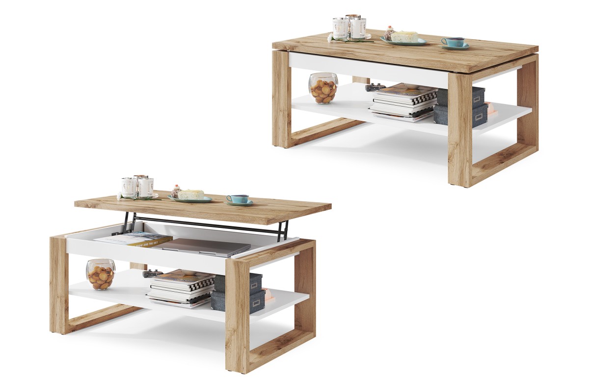 NUO Wotan ąžuolas/matinė balta - MODERNUS KAVOS STALIUKAS SU PAKELIAMU STALVIRŠIU