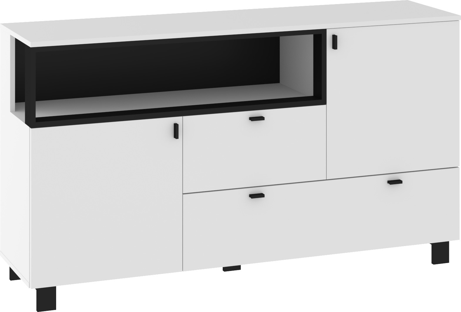 GAVES 03 baldai didelė komoda su durelėmis svetainei balta juoda