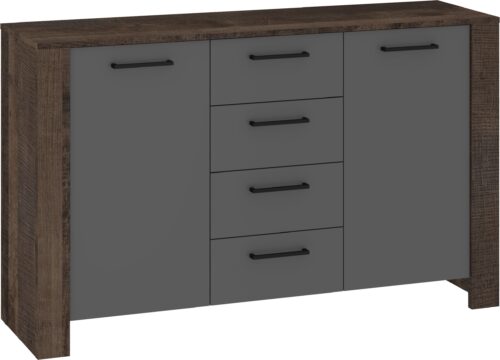 DELIS 03 didelė komoda su durelėmis svetainei, ąžuolo ir grafito spalvos