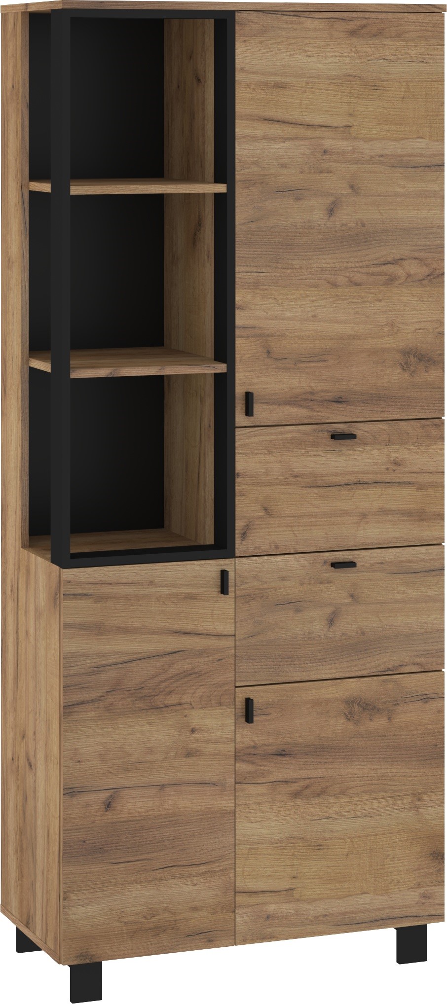 GAVES 10 baldų, aukšta lentynų spintelė su stalčiais, rankdarbių ąžuolo durys su juodomis