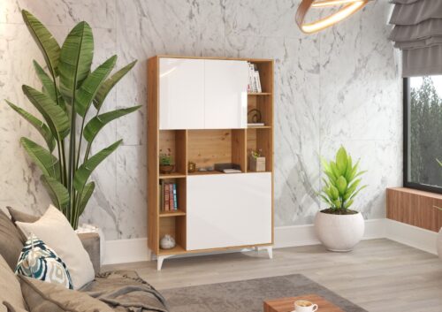 MEGI 2 baldai, knygų lentyna + rašomasis stalas, ąžuolas „artisan“ / balta blizgi