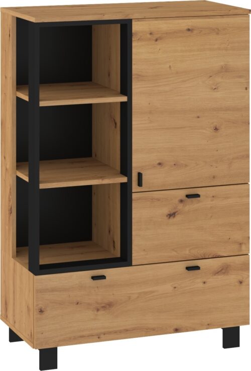 GAVES 06 baldai, žema knygų lentyna su stalčiais, loft stiliaus, artisan ąžuolas, juodas