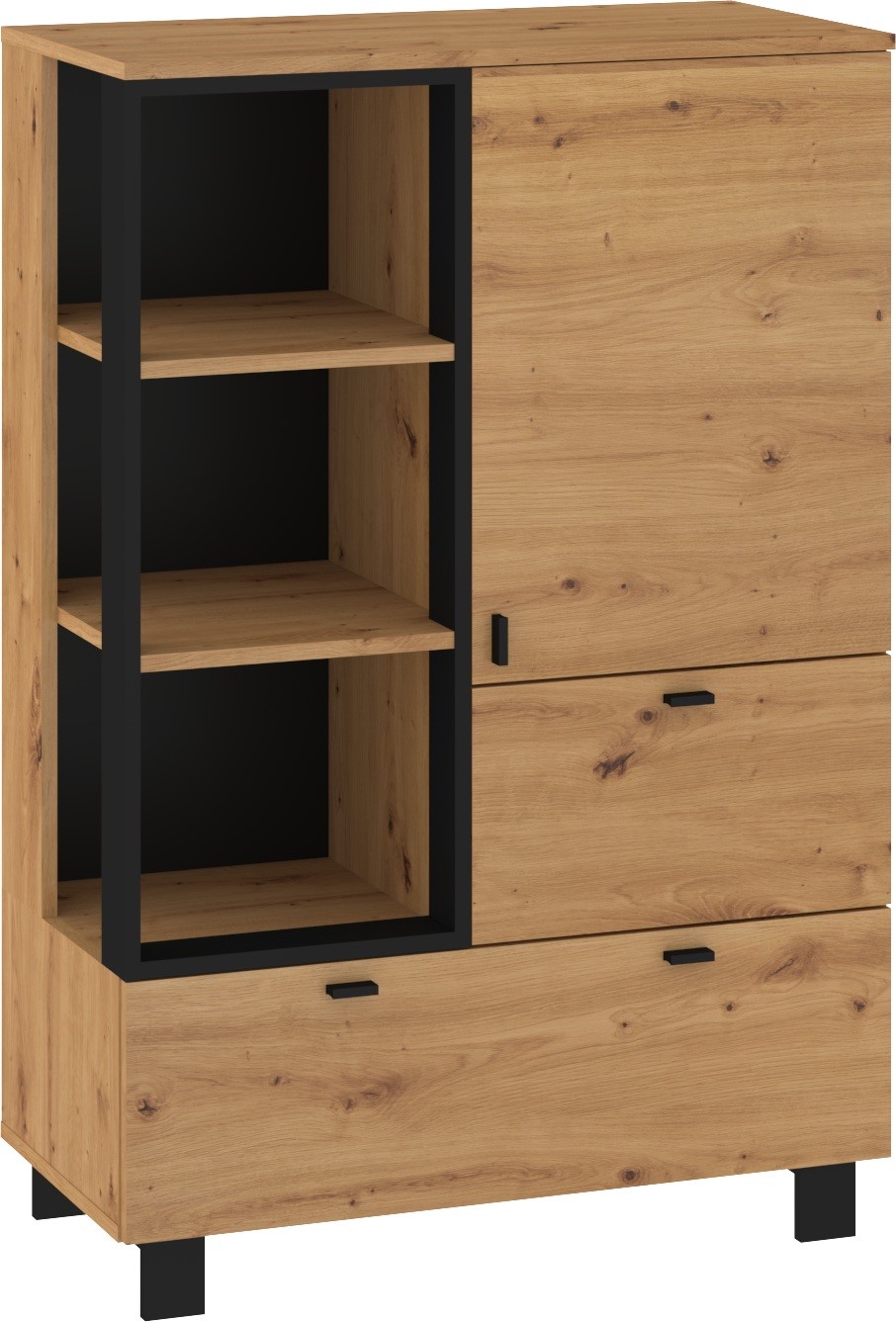 GAVES 06 baldai, žema knygų lentyna su stalčiais, loft stiliaus, artisan ąžuolas, juodas