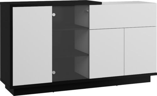BRITA 08 baldų vitrina su stalčiumi svetainei, juodai balta, blizgi