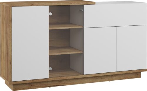 BRITA 08 baldų vitrina su stalčiumi svetainei, ąžuolo spalvos, aukso ir baltos spalvos