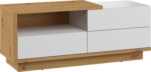 BRITA 20 baldų komoda, stalas, TV spintelė su stalčiumi, ąžuolas „artisan“, balta blizgi spalva