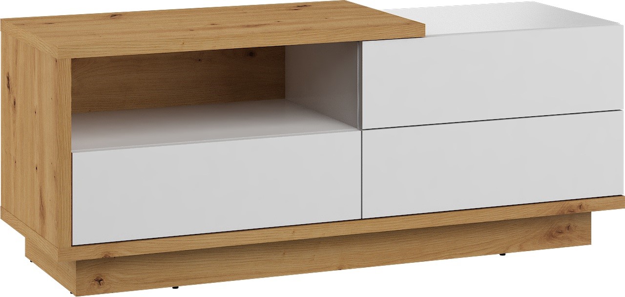 BRITA 20 baldų komoda, stalas, TV spintelė su stalčiumi, ąžuolas „artisan“, balta blizgi spalva