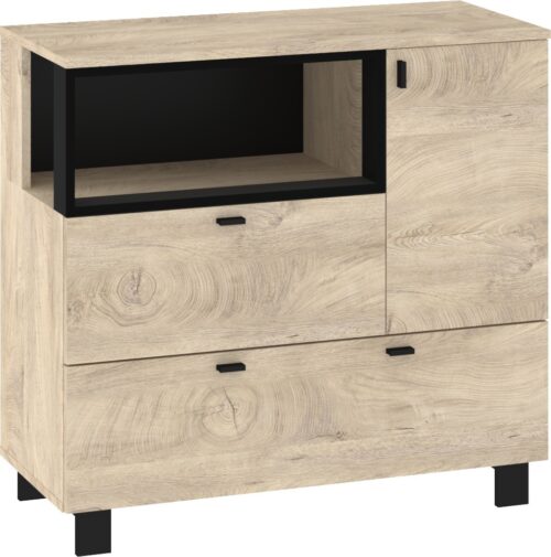 GAVES 01 baldų komoda su kojelėmis svetainei, juodo ąžuolo imitacija