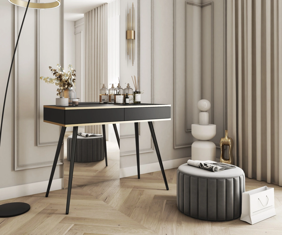 Juodas konsolinis tualetinis staliukas su stalčiais Oro T102