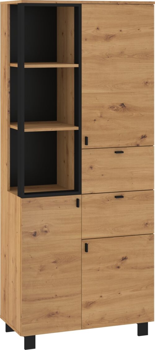 GAVES 10 baldai, aukšta spintelė su stalčiais ir durelėmis, ąžuolo dirbiniai, juoda