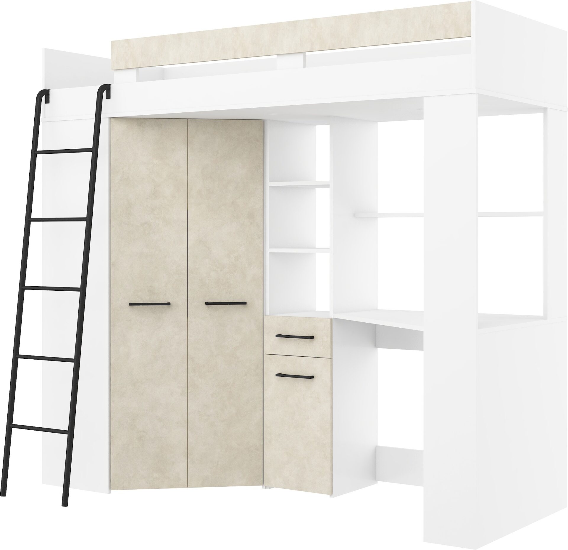 Dviaukštė lova su stalu, kampinė spinta, antresolė FLO L, balta, migdolų spalvos