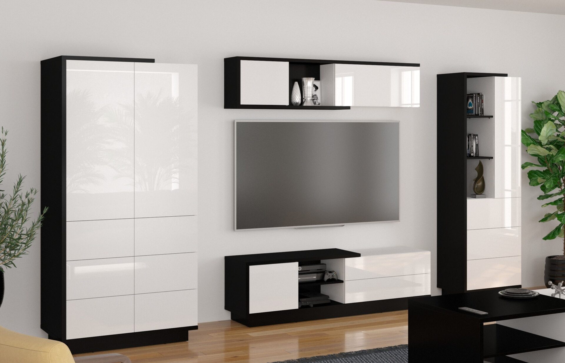 BRITA baldai #2 spinta TV spintelė lentyna knygų lentyna juoda balta blizgi