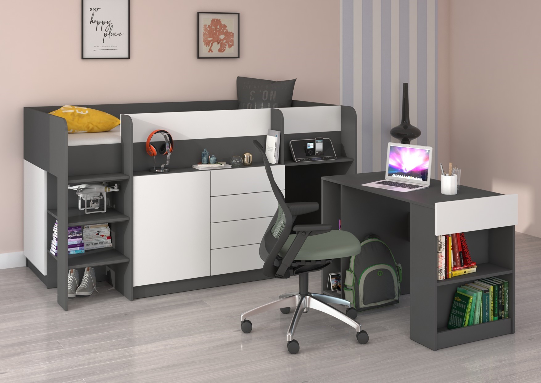 EMI L dviaukštė lova, rašomasis stalas, komoda, antresolė, grafito/balta