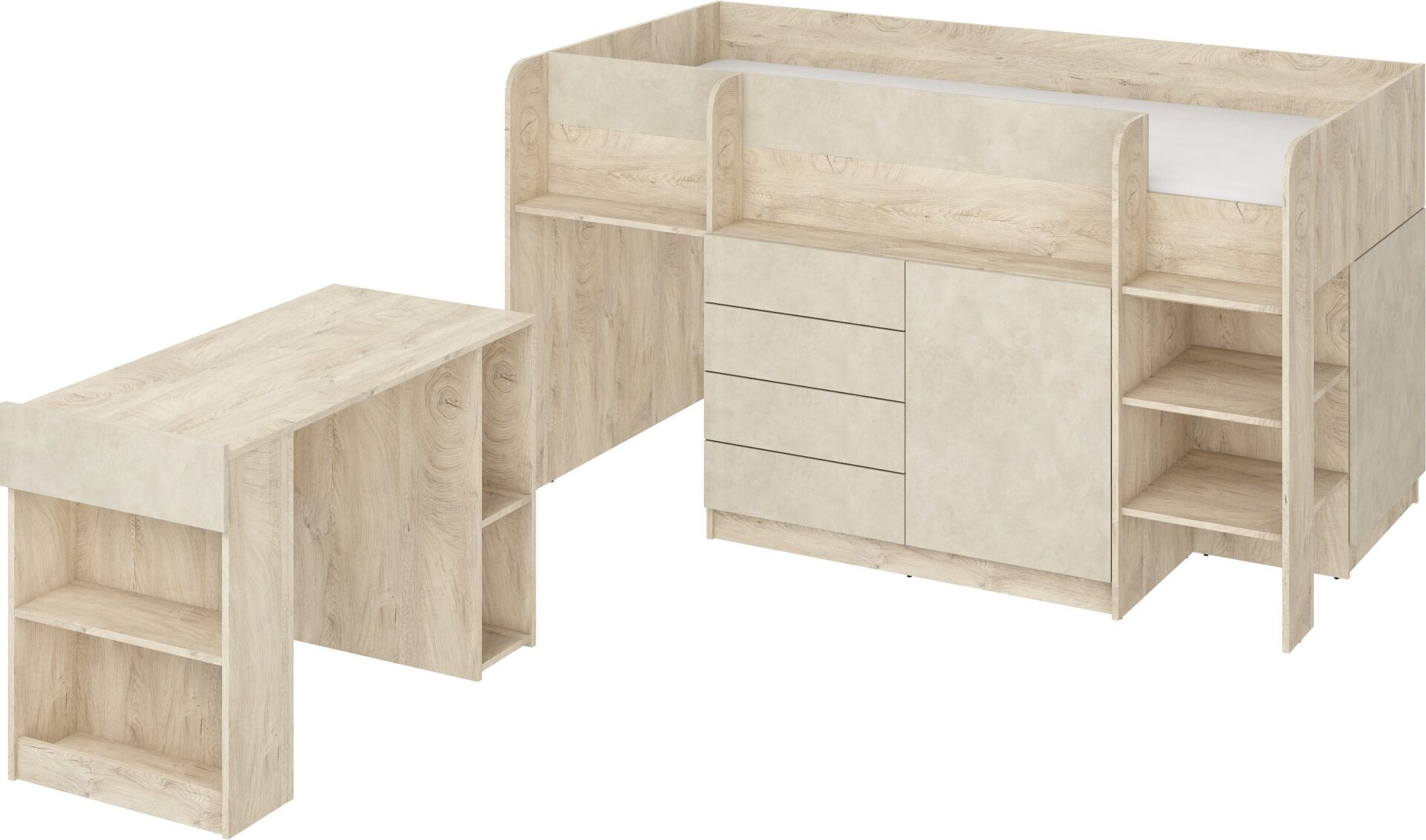 Dviaukštė lova, rašomasis stalas, komoda, antresolė, EMI P, ąžuolas, viršutiniai raštai, migdolų spalva