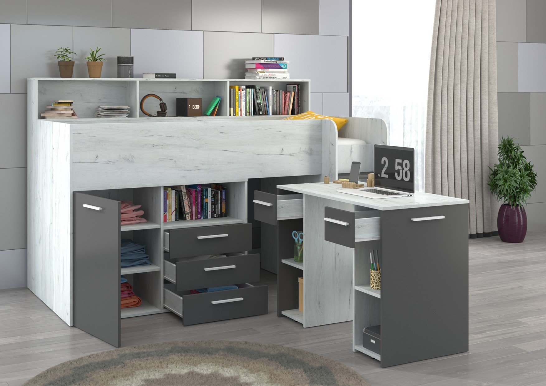 ENO P vaikiška dviaukštė lova jaunimui, mezoninas, ąžuolo dirbiniai, baltas grafitas