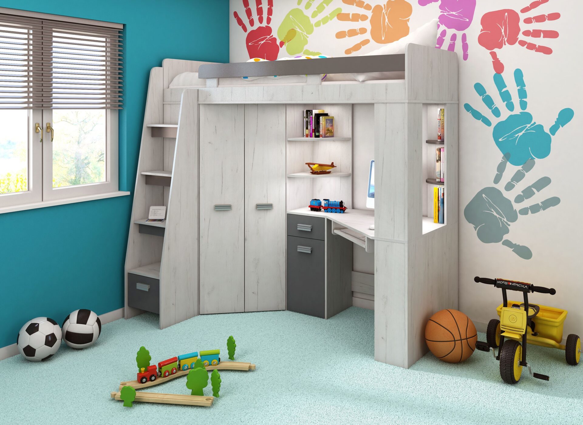 Dviaukštė lova su stalu, kampinė spinta, antresolė SOLA L craft baltas grafitas