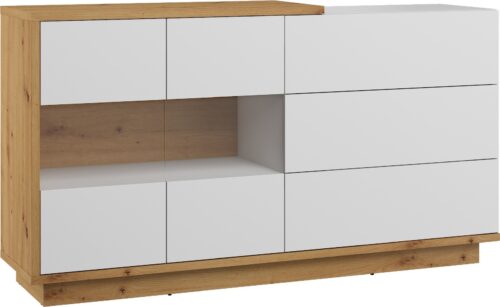 BRITA 10 baldų didelė vitrina komoda, meniško ąžuolo balto blizgumo