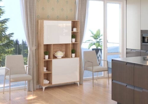 MEGI 2 baldai, knygų lentyna + rašomasis stalas, Sonoma ąžuolas / balta blizgi